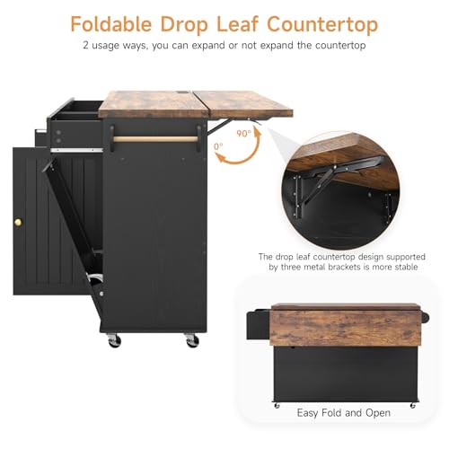 Kitchen Island with Power Outlet & Drop Leaf, Rolling Cart with Storage J137407