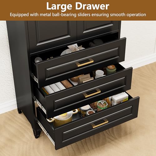 Tall Kitchen Storage Cabinet with Doors and Adjustable Shelves, Black Freestanding Cupboard J20442