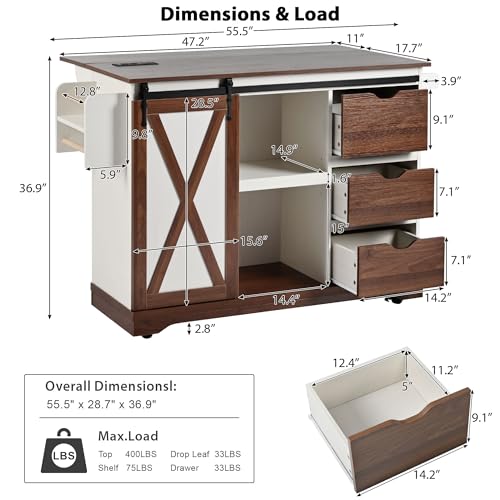 Farmhouse Kitchen Island with Drop Leaf, Barn Door and Power Outlet C3058