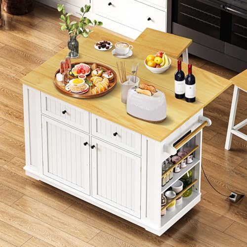 Rolling Kitchen Island Cart with Drop Leaf, Power Outlet, and 5 Open Shelves L877625