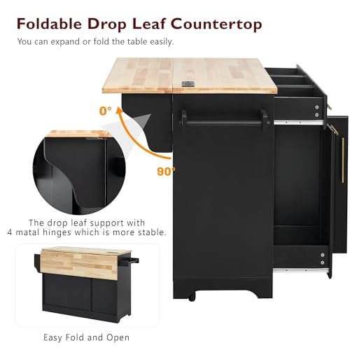 Farmhouse Kitchen Island with Drop Leaf, Barn Door and Power Outlet C3058