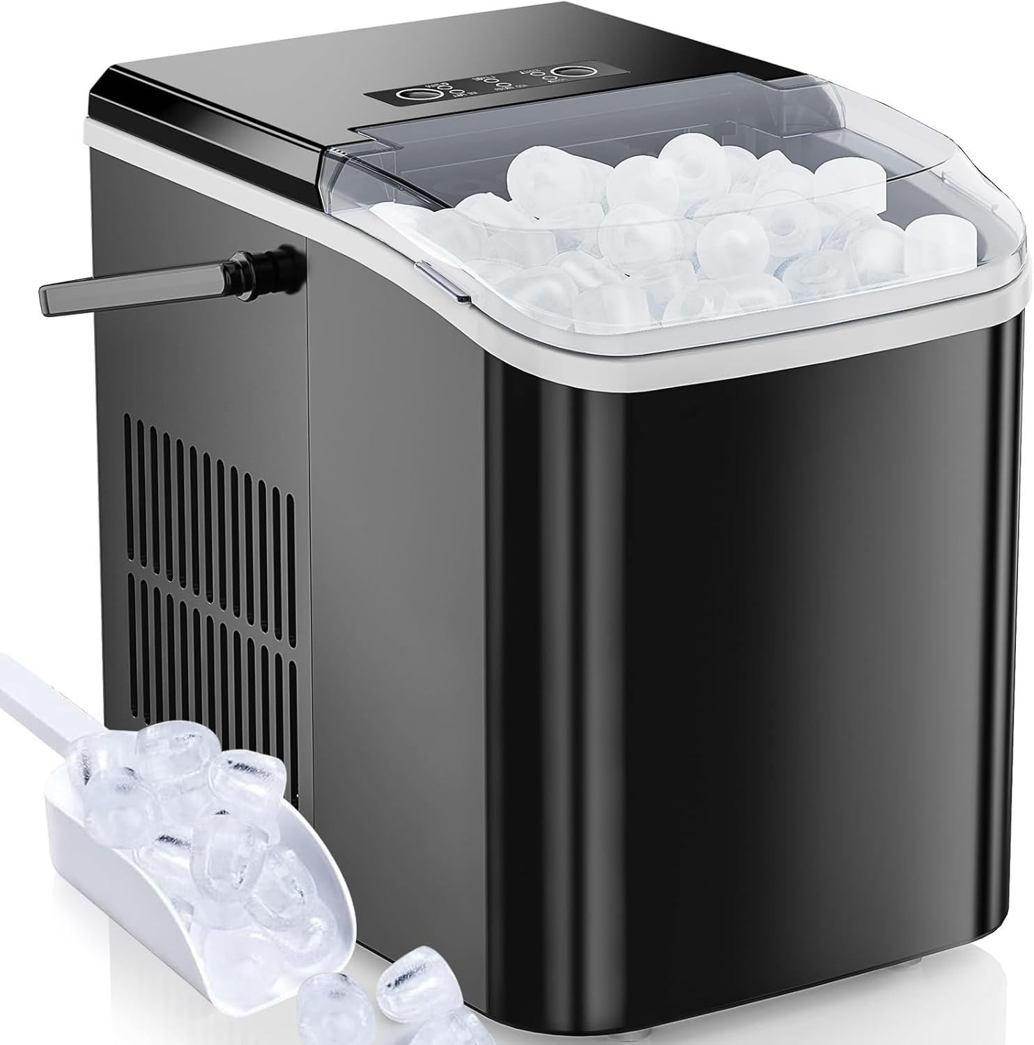 Ice Maker Countertop, Mini Portable Ice Machine Maker, 9 Cubes in 6 Mins, 26.5Lbs/24H, Self-Cleaning Ice Cube Maker with Ice Scoop, Basket & Handle, 2 Sizes of Bullet Ice for Home Kitchen Bar, Black