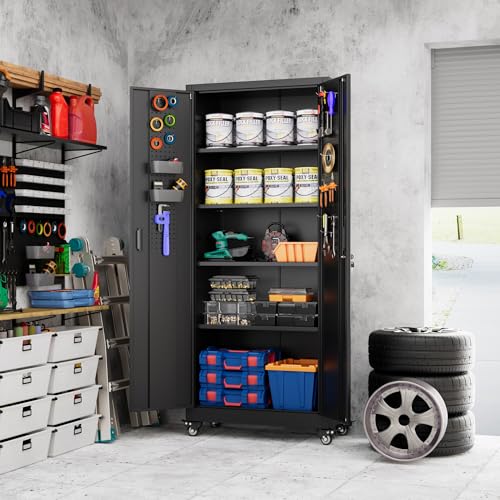 Metal Storage Cabinet with Wheels, 73" H, Locking Doors and Adjustable Shelves A1751