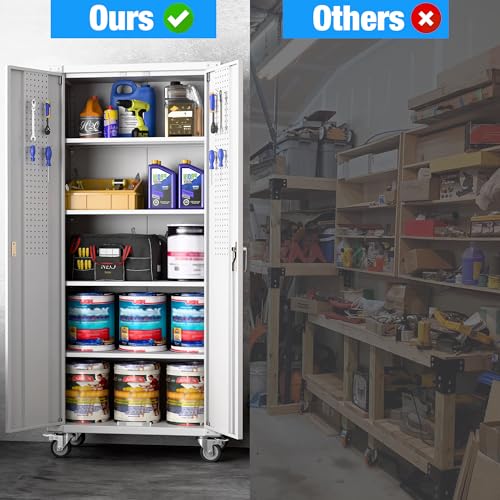 Metal Storage Cabinet with Wheels, 73" H, Locking Doors and Adjustable Shelves A1751
