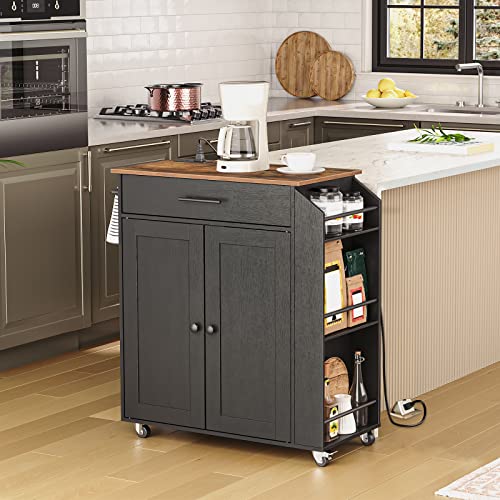 Kitchen Island with Power Outlet, Spice Rack and Drawer, Rolling Cart F495760