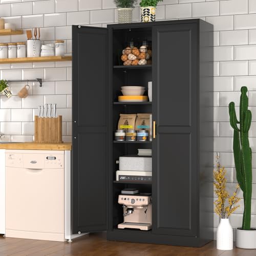 Tall Kitchen Storage Cabinet with Doors and Adjustable Shelves, Black Freestanding Cupboard J20442