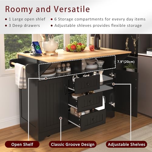 Large Kitchen Island with Drop Leaf, Rolling Cart, Power Outlet and Storage A3211