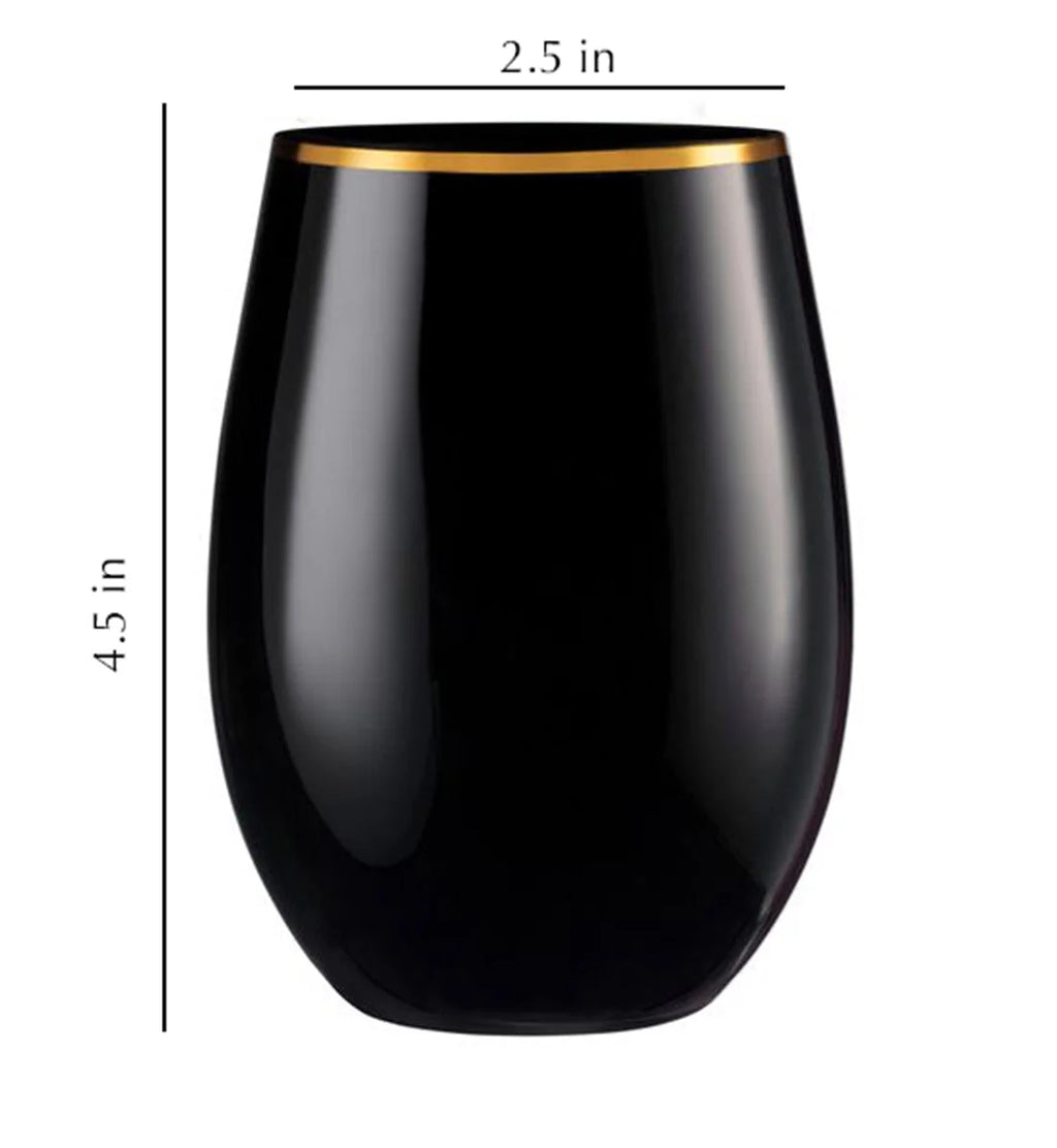 Stemless Plastic Wine Goblet 16 oz Black Gold Rim Pack of 48 T4283