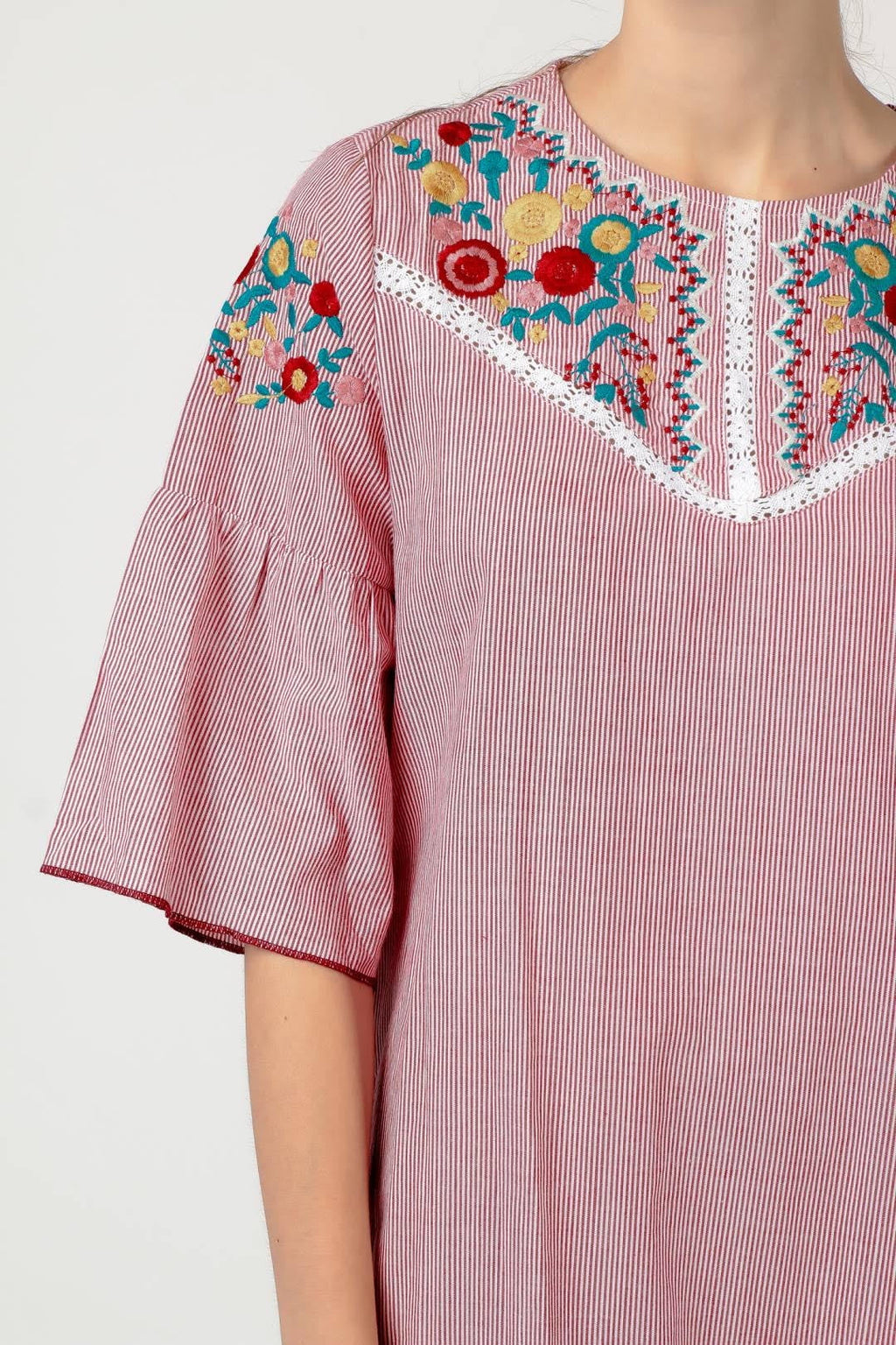 Striped Embroidered Cotton Summer Dress Red White Size Small T3047