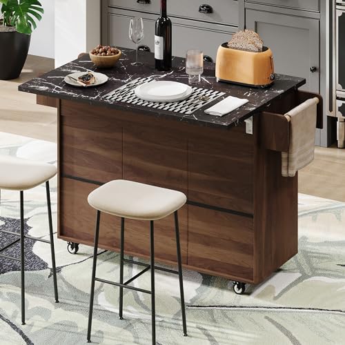 Farmhouse Kitchen Island with Drop Leaf, Barn Door and Power Outlet C3058