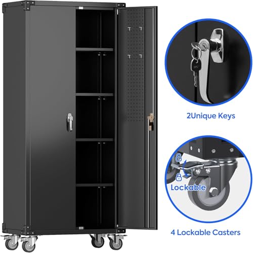 Garage Storage Cabinet with Wheels, 72" H, 2 Doors, 4 Adjustable Shelves, Black R4307