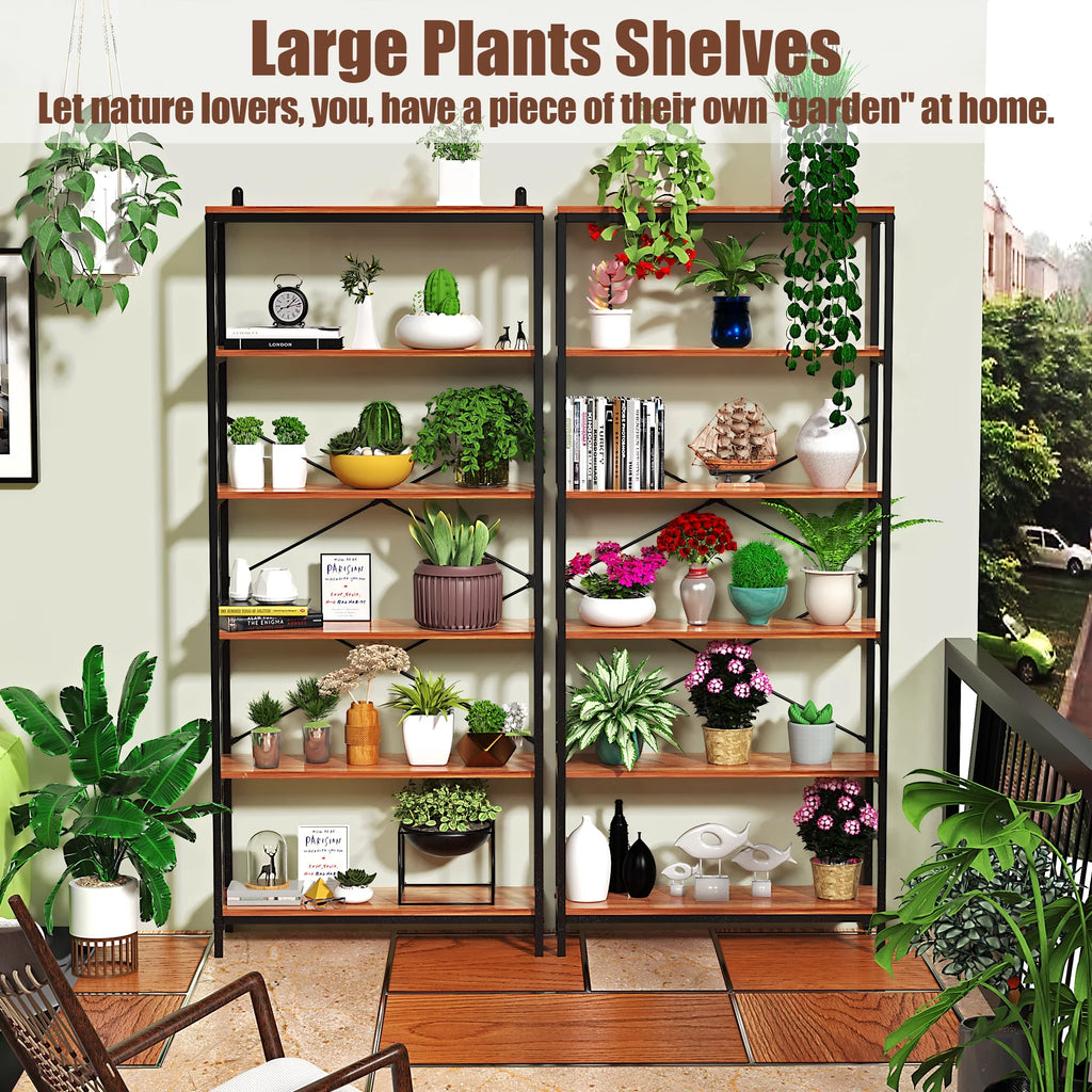 5-Tier Tall Bookcase, Rustic Wood and Metal Open Shelf Unit K172304