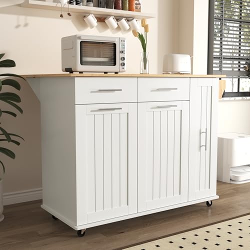 Large Kitchen Island with Drop Leaf, Rolling Cart, Power Outlet and Storage A3211