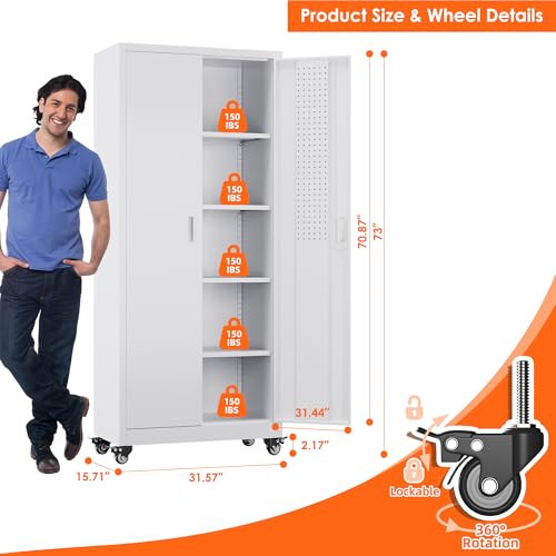 Metal Storage Cabinet with Wheels, 73" H, Locking Doors and Adjustable Shelves A1751