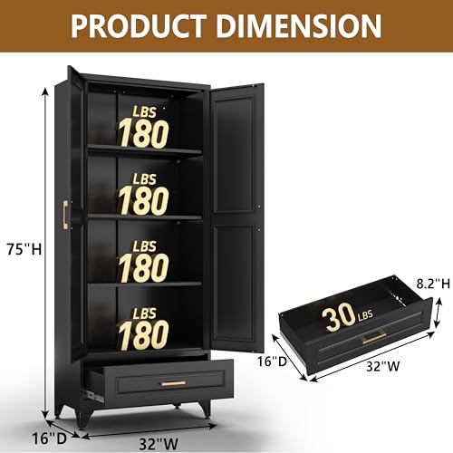 Tall Kitchen Storage Cabinet with Doors and Adjustable Shelves, Black Freestanding Cupboard J20442