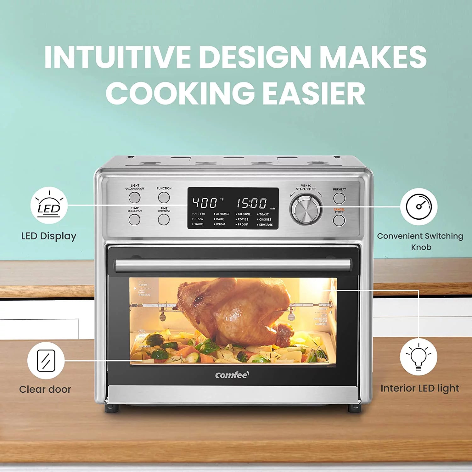 Air Fryer Toaster Oven Combo, 6 Slice Pizza Countertop Convection Oven with Rotisserie, Stainless Steel J60212