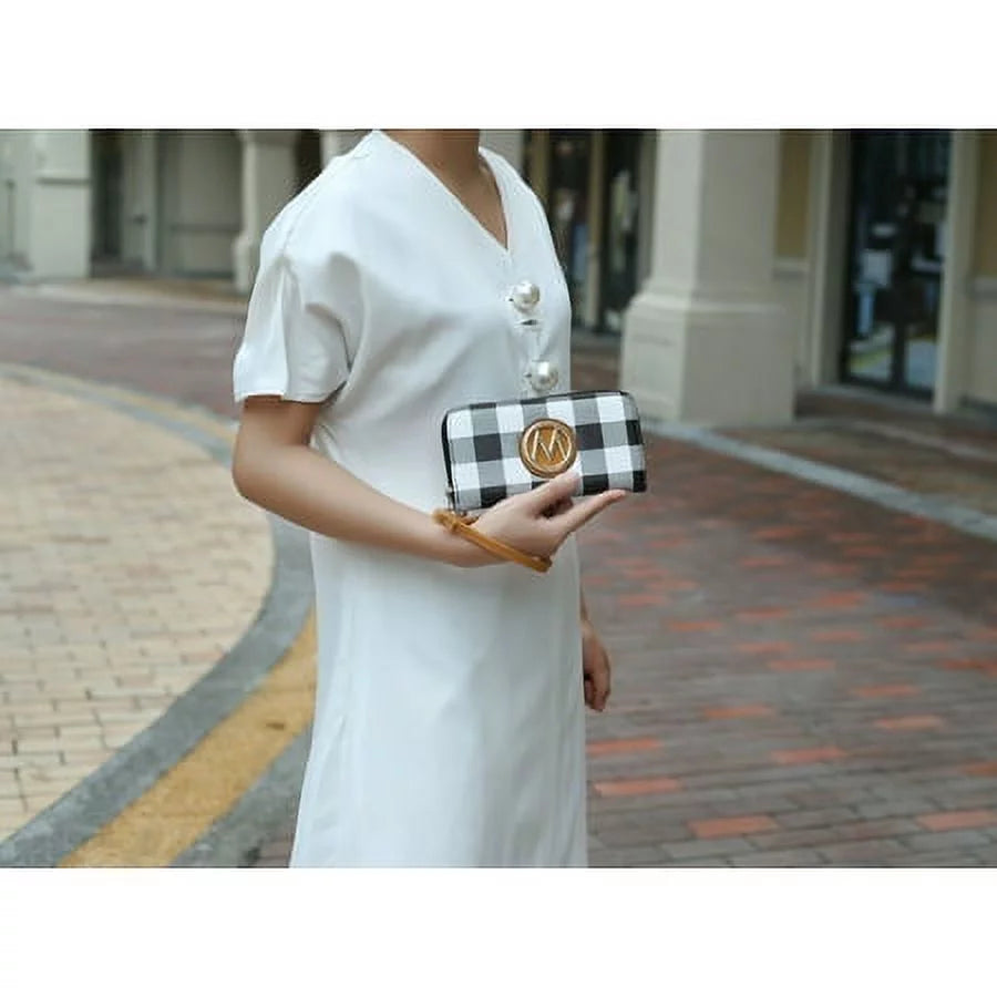 Checkered Vegan Leather Satchel Bag with Wallet 2 Piece Set E6856