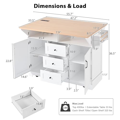 Foldable Kitchen Storage Island Cart with Drop Leaf Extensions and Wheels C5218