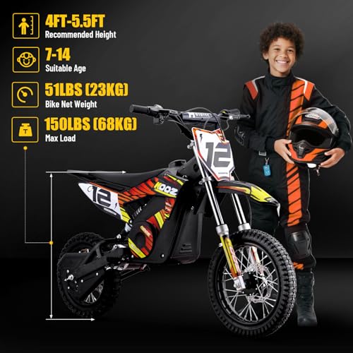Electric Dirt Bike for Kids, 3 Speed Modes, 18 MPH, 15 Miles Range, Dual Suspension, Disc Brake, 16" Tire, Orange Q704649