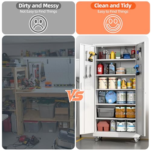 Metal Storage Cabinet with Wheels, 73" H, Locking Doors and Adjustable Shelves A1751