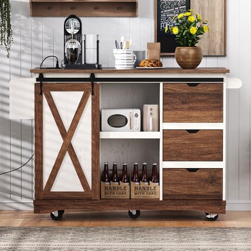 Farmhouse Kitchen Island with Drop Leaf, Barn Door and Power Outlet C3058
